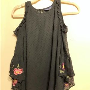 Black embroidered shoulder cut out top